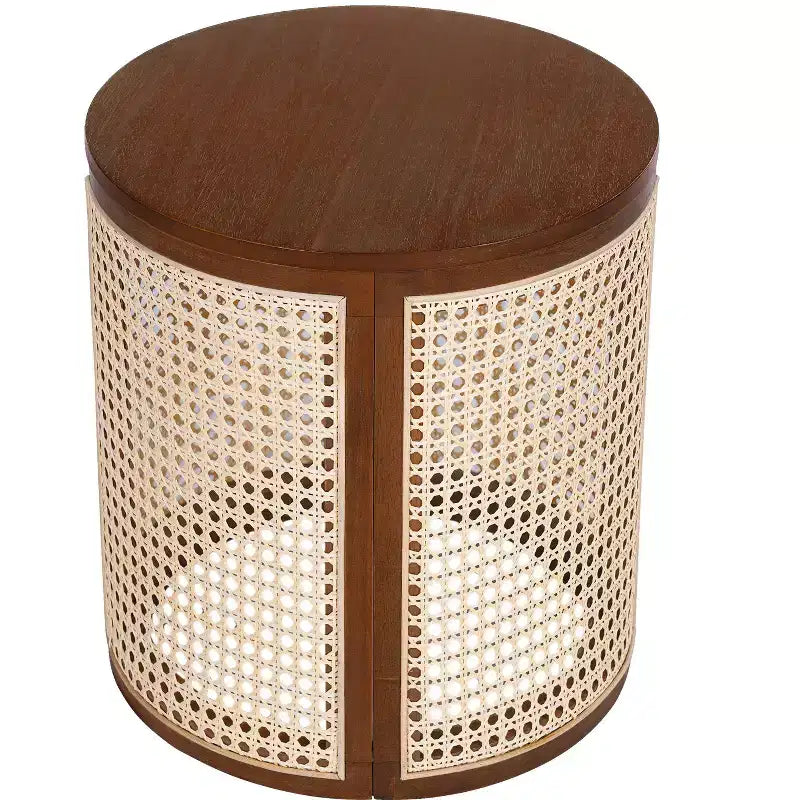 Tavolino rotondo in rattan con gambe in legno massiccio, tavolino d'appoggio da 15,7" - ModernLuxe