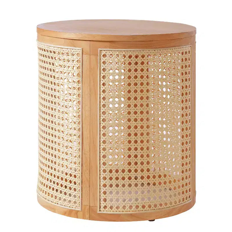 Tavolino rotondo in rattan con gambe in legno massiccio, tavolino d'appoggio da 15,7" - ModernLuxe