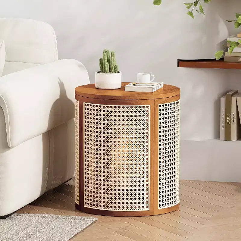 Tavolino rotondo in rattan con gambe in legno massiccio, tavolino d'appoggio da 15,7" - ModernLuxe