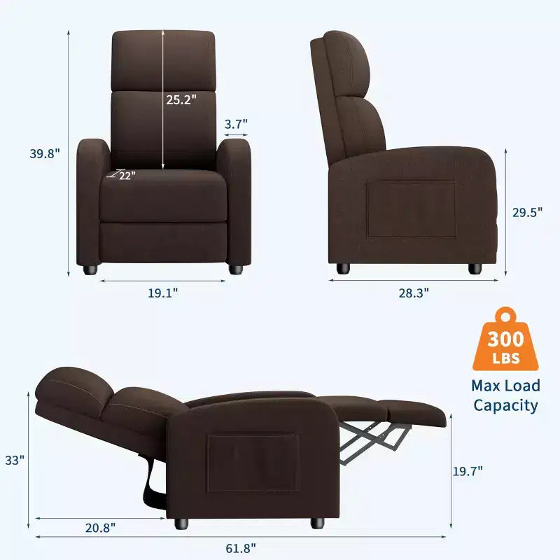 Poltrona reclinabile manuale in tessuto di lino, con schienale alto, cuscino spesso, reclinazione a spinta, sedia a sdraio per soggiorno, home theater, camera da letto