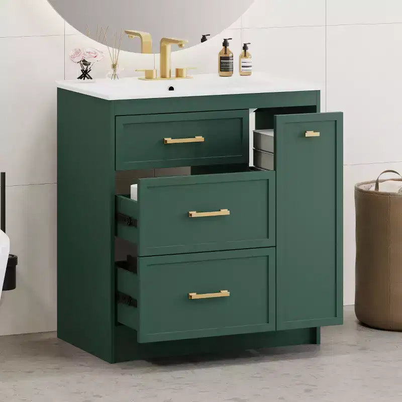 Mobiletto da bagno da 76 cm con lavello incorporato e cassetti salvaspazio, di colore verde