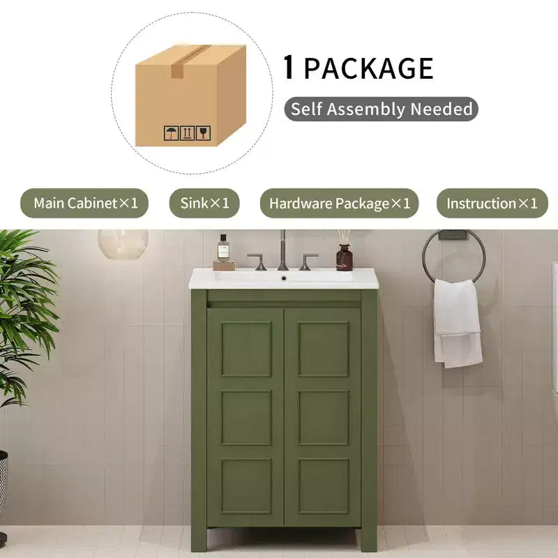 Mobile bagno piccolo 60 cm con ante a chiusura ammortizzata, Mobiletti bagno autoportanti con ripiano regolabile, Verde Oliva