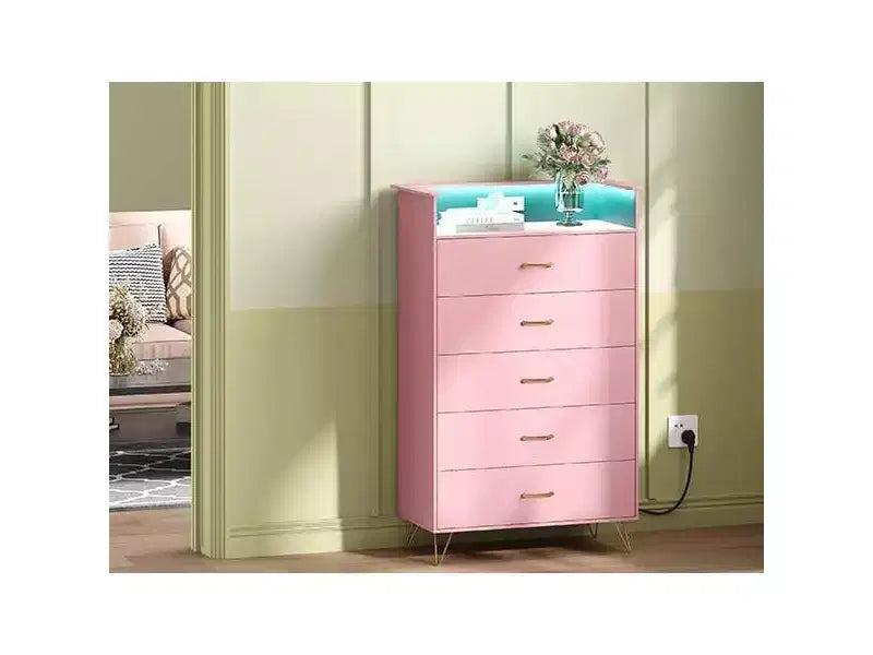 Comò alto moderno a 5 cassetti per camera da letto, cassettiera in legno con guide a chiusura silenziosa, organizer da ingresso bianco resistente all'acqua