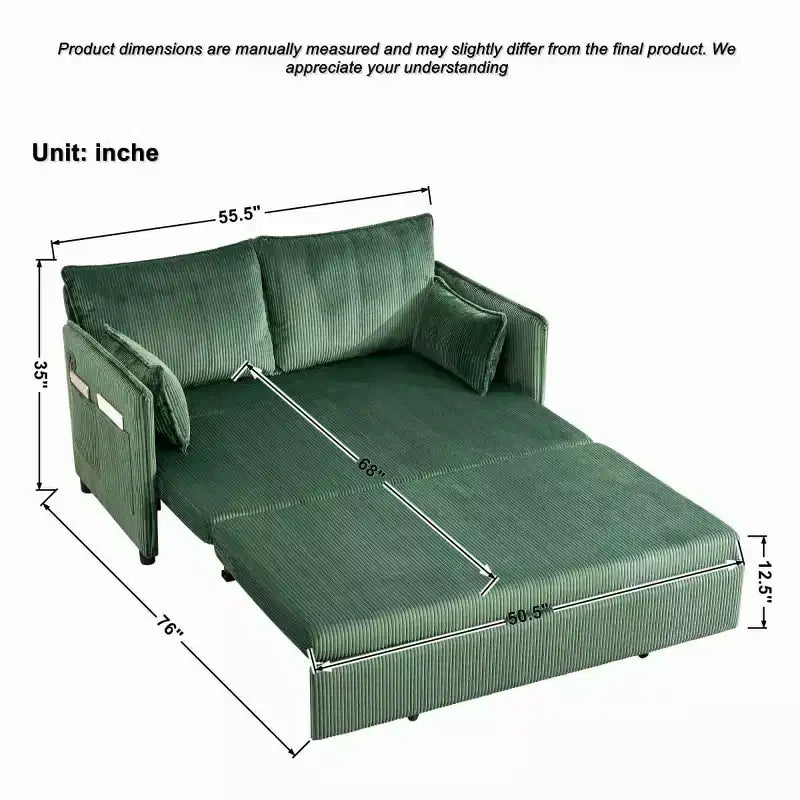 Divano letto convertibile 3 in 1 in velluto a coste con USB e tasca laterale portaoggetti, divano letto estraibile per ospiti o appartamenti - Panipeachy