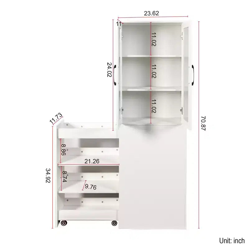 Mobile credenza da 180 cm con ripiano estraibile multi-funzionale a 4 livelli e 2 ante in vetro, dispensa da cucina moderna in legno per soggiorno e sala da pranzo