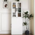 Mobile credenza da 180 cm con ripiano estraibile multi-funzionale a 4 livelli e 2 ante in vetro, dispensa da cucina moderna in legno per soggiorno e sala da pranzo
