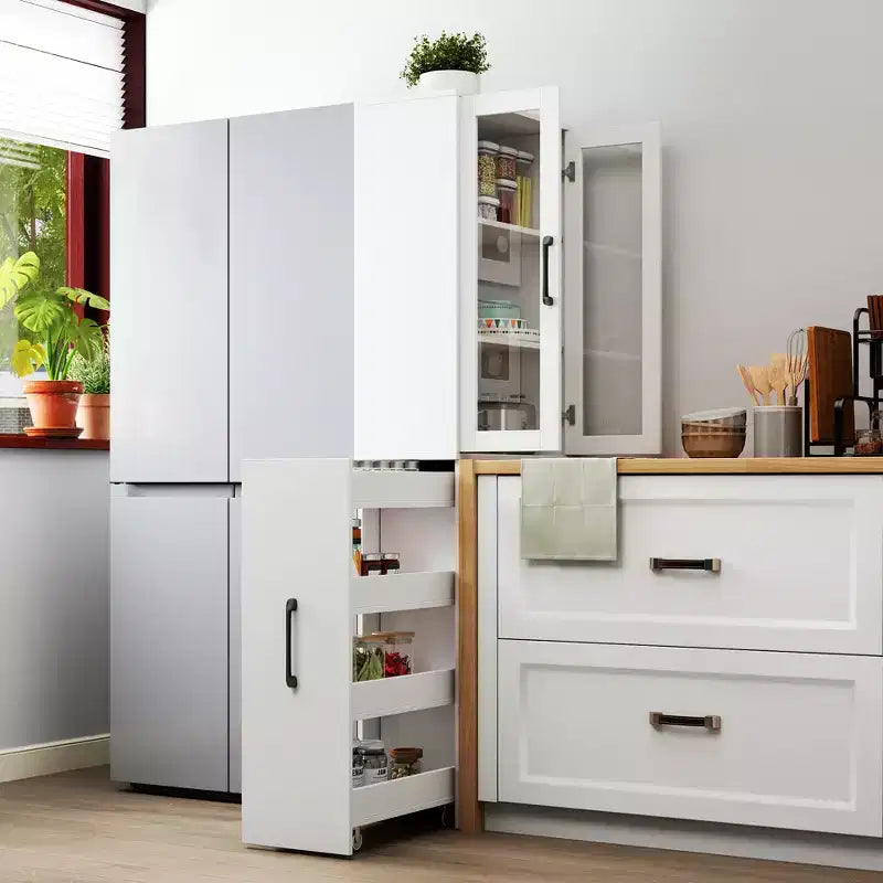 Mobile credenza da 180 cm con ripiano estraibile multi-funzionale a 4 livelli e 2 ante in vetro, dispensa da cucina moderna in legno per soggiorno e sala da pranzo