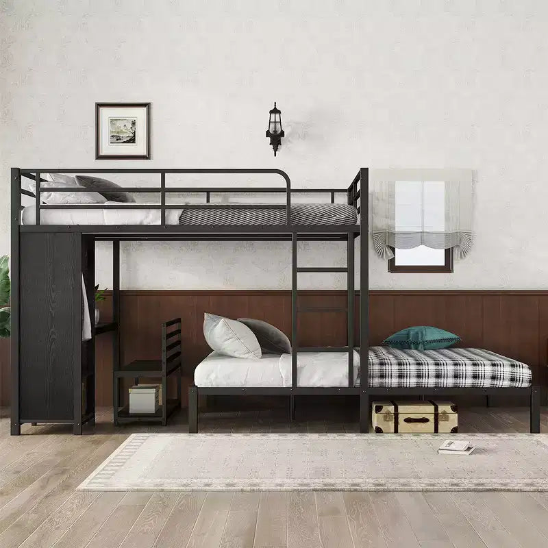 Letto a castello con scrivania, armadio e cassetto contenitore sotto il letto, letto a soppalco salvaspazio per camerette piccole