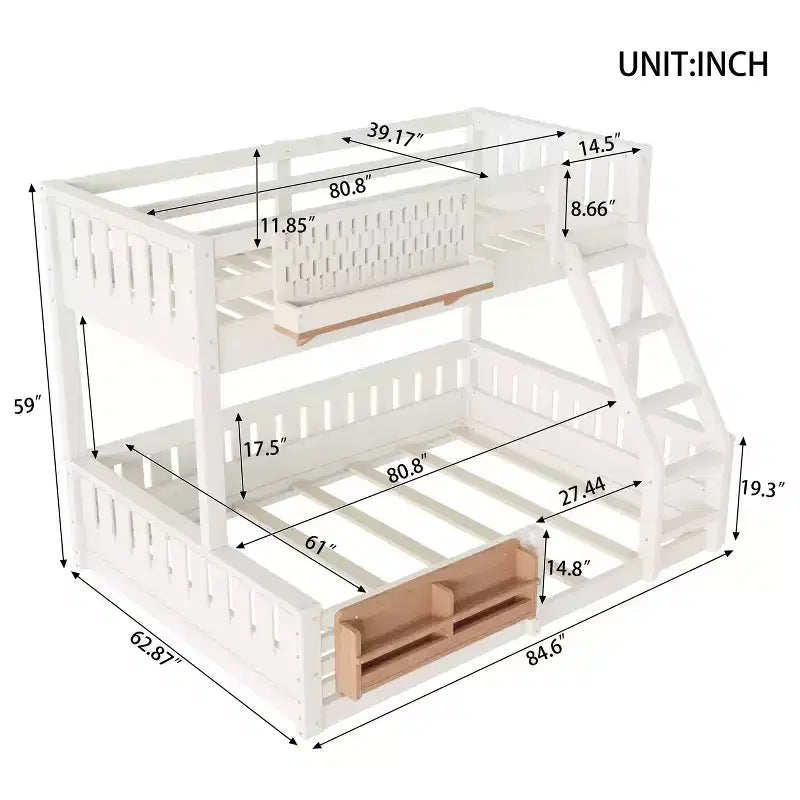 Struttura letto a castello con scaletta, spondine, pannello forato e libreria, nessun boxspring necessario (Twin XL/Full XL/Queen su Queen) - ModernLuxe