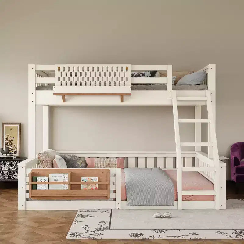 Struttura letto a castello con scaletta, spondine, pannello forato e libreria, nessun boxspring necessario (Twin XL/Full XL/Queen su Queen) - ModernLuxe