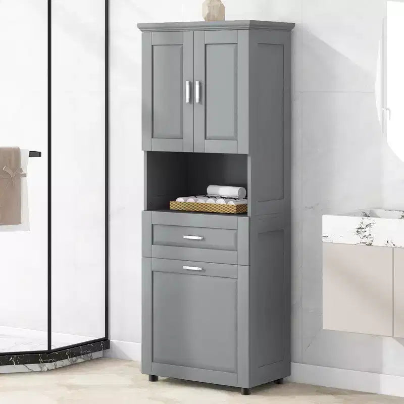 GDFStudio Nolan Armadietto verticale moderno in legno per bagno con cesto portabiancheria a scomparsa, mobiletto a doppia anta, ripiani superiori e cassetto