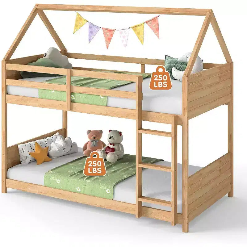 Letto a Castello Zevemomo con Design a Casetta, per Bambini, con Scaletta, Sponde a Tutta Lunghezza e Doghe, per Dormitorio e Camera da Letto, Rovere Bianco