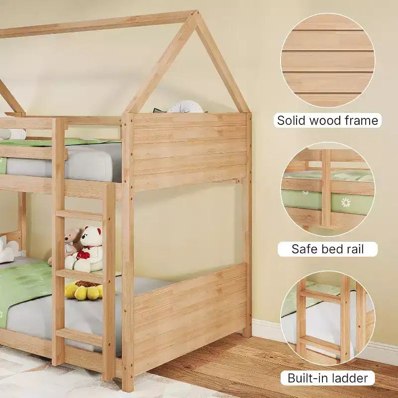 Letto a Castello Zevemomo con Design a Casetta, per Bambini, con Scaletta, Sponde a Tutta Lunghezza e Doghe, per Dormitorio e Camera da Letto, Rovere Bianco