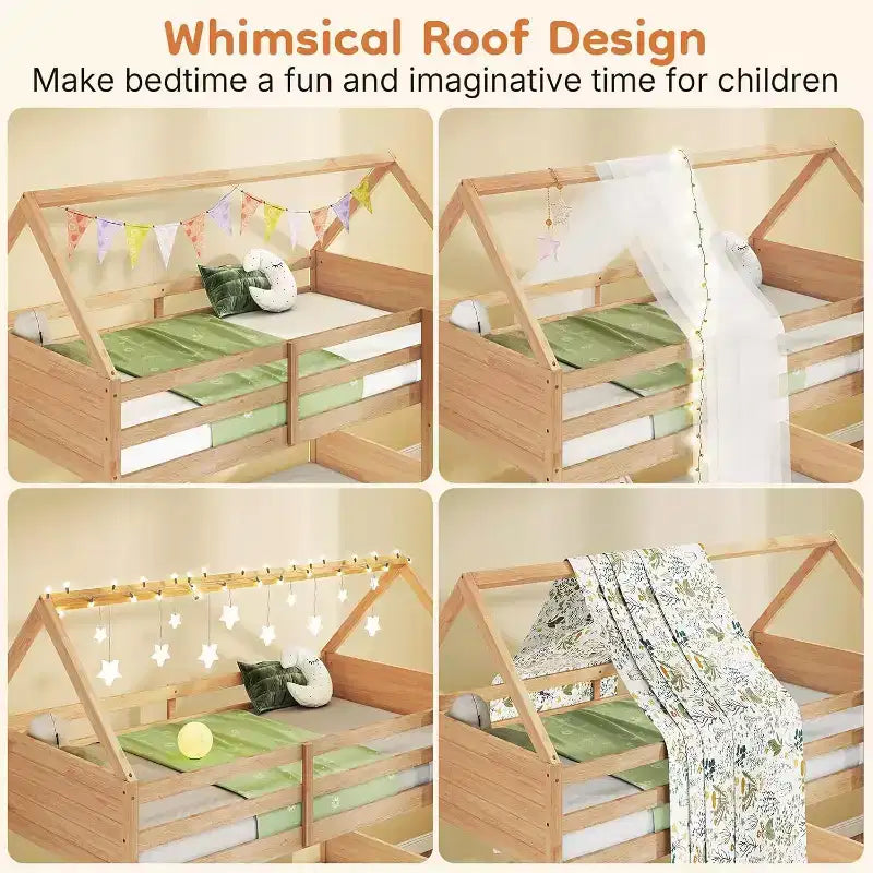 Letto a Castello Zevemomo con Design a Casetta, per Bambini, con Scaletta, Sponde a Tutta Lunghezza e Doghe, per Dormitorio e Camera da Letto, Rovere Bianco