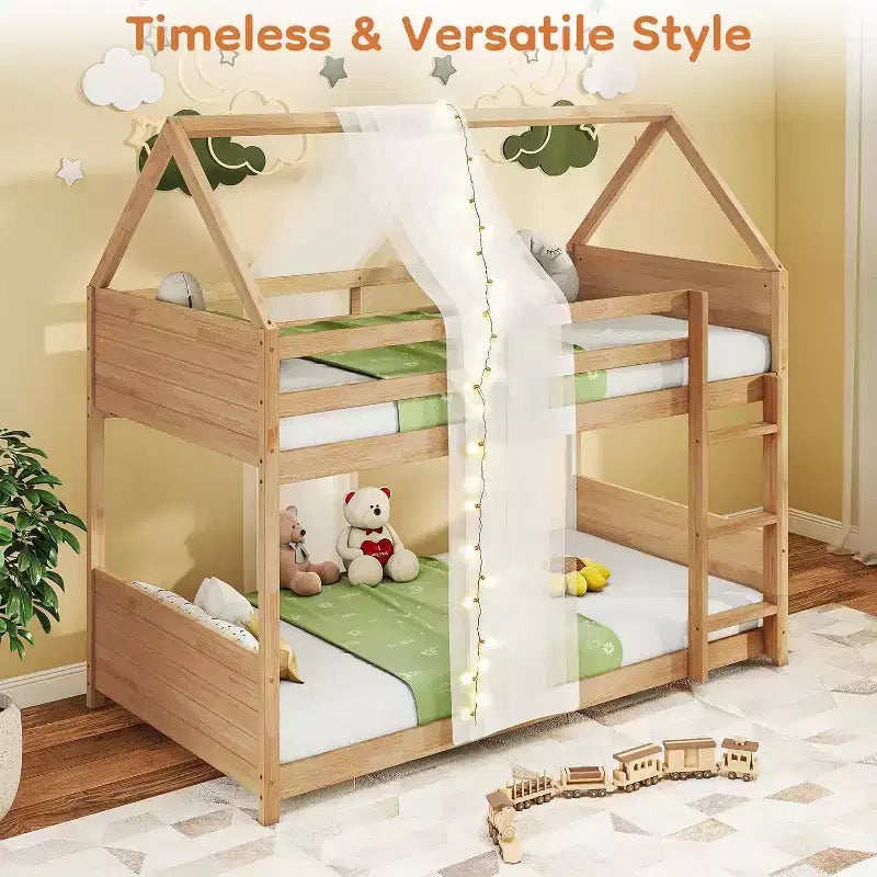 Letto a Castello Zevemomo con Design a Casetta, per Bambini, con Scaletta, Sponde a Tutta Lunghezza e Doghe, per Dormitorio e Camera da Letto, Rovere Bianco