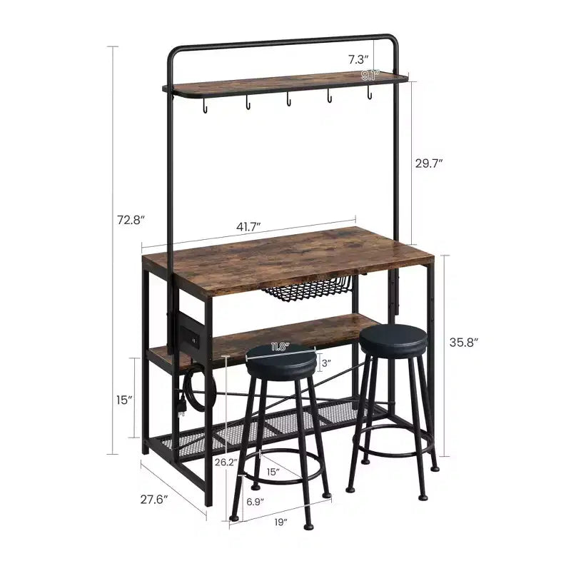 Isola da Cucina Industriale da 42 pollici con Presa Elettrica e 2 Sgabelli da Bar, Set da Pranzo da 3 Pezzi con Ripiani, Porta Microonde e 5 Ganci per Coffee Bar