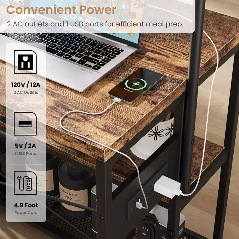 Isola da Cucina Industriale da 42 pollici con Presa Elettrica e 2 Sgabelli da Bar, Set da Pranzo da 3 Pezzi con Ripiani, Porta Microonde e 5 Ganci per Coffee Bar