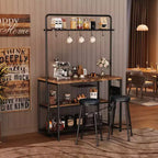 Isola da Cucina Industriale da 42 pollici con Presa Elettrica e 2 Sgabelli da Bar, Set da Pranzo da 3 Pezzi con Ripiani, Porta Microonde e 5 Ganci per Coffee Bar