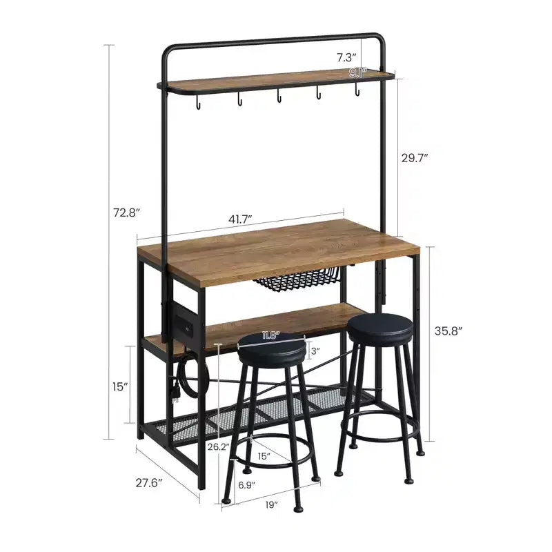 Isola da Cucina Industriale da 42 pollici con Presa Elettrica e 2 Sgabelli da Bar, Set da Pranzo da 3 Pezzi con Ripiani, Porta Microonde e 5 Ganci per Coffee Bar