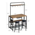 Isola da Cucina Industriale da 42 pollici con Presa Elettrica e 2 Sgabelli da Bar, Set da Pranzo da 3 Pezzi con Ripiani, Porta Microonde e 5 Ganci per Coffee Bar