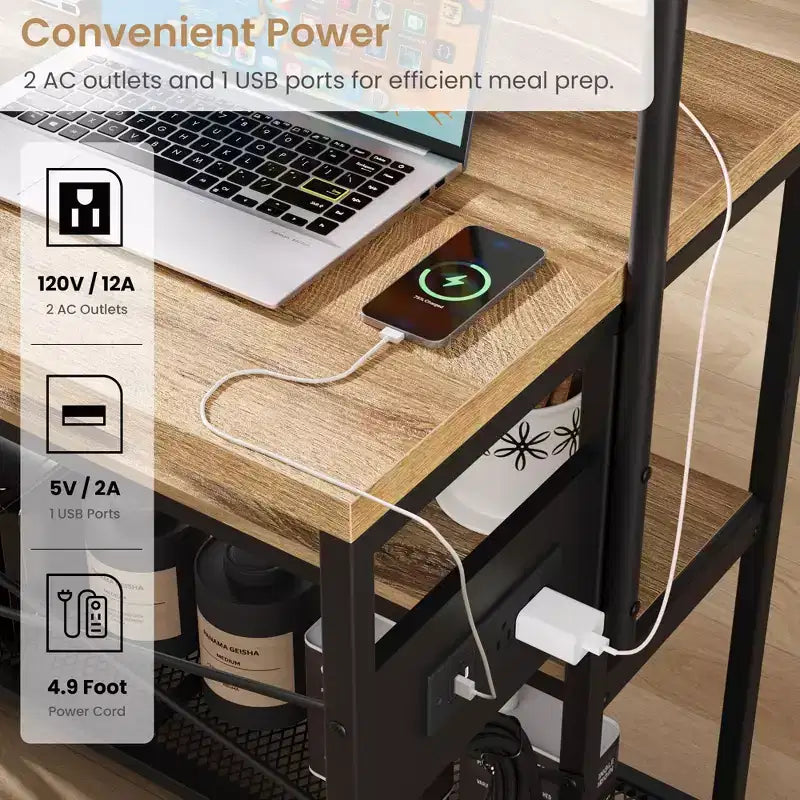 Isola da Cucina Industriale da 42 pollici con Presa Elettrica e 2 Sgabelli da Bar, Set da Pranzo da 3 Pezzi con Ripiani, Porta Microonde e 5 Ganci per Coffee Bar