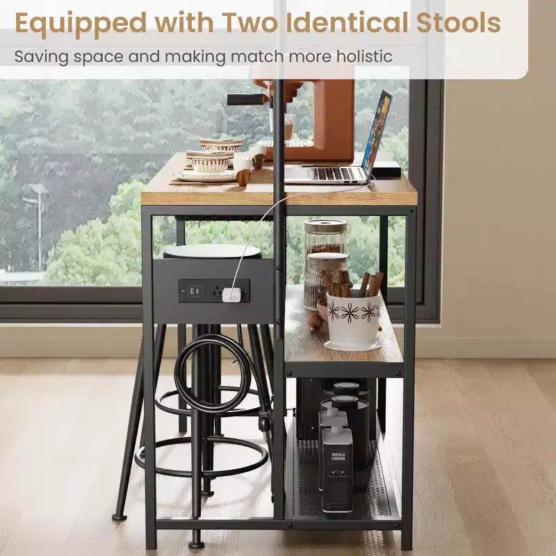 Isola da Cucina Industriale da 42 pollici con Presa Elettrica e 2 Sgabelli da Bar, Set da Pranzo da 3 Pezzi con Ripiani, Porta Microonde e 5 Ganci per Coffee Bar