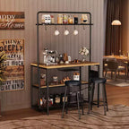 Isola da Cucina Industriale da 42 pollici con Presa Elettrica e 2 Sgabelli da Bar, Set da Pranzo da 3 Pezzi con Ripiani, Porta Microonde e 5 Ganci per Coffee Bar