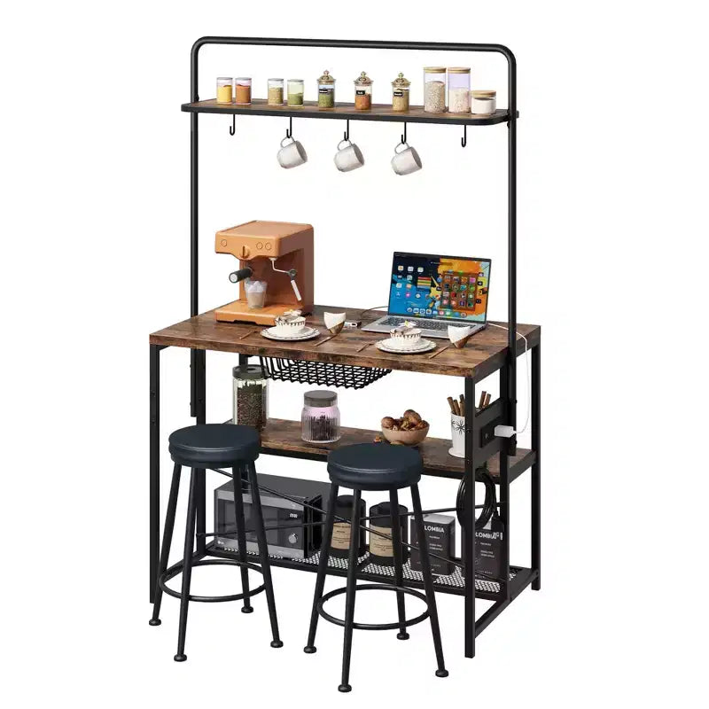 Isola da Cucina Industriale da 42 pollici con Presa Elettrica e 2 Sgabelli da Bar, Set da Pranzo da 3 Pezzi con Ripiani, Porta Microonde e 5 Ganci per Coffee Bar