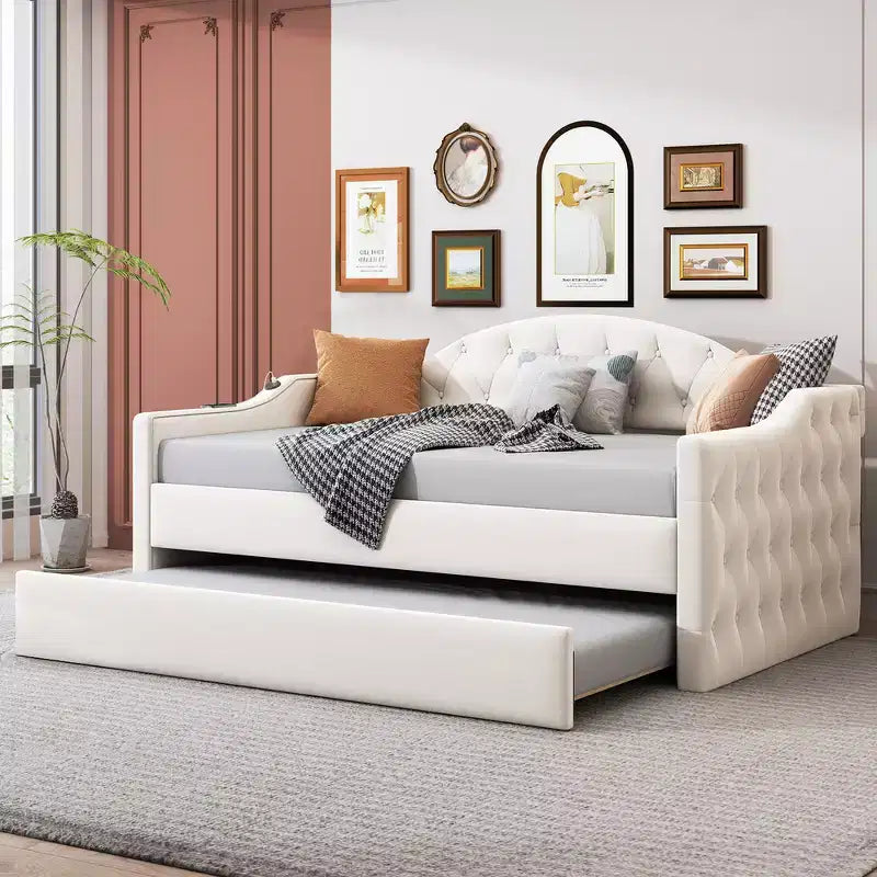 Divano Letto Zeus & Ruta con rotelle, imbottito, in velluto, con porte USB per la ricarica