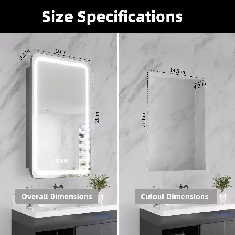 Mobiletto portamedicine rettangolare FAMYYT 40 x 70 cm in ferro con specchio, luce LED dimmerabile, antiappannamento e prese di corrente - Completamente assemblato
