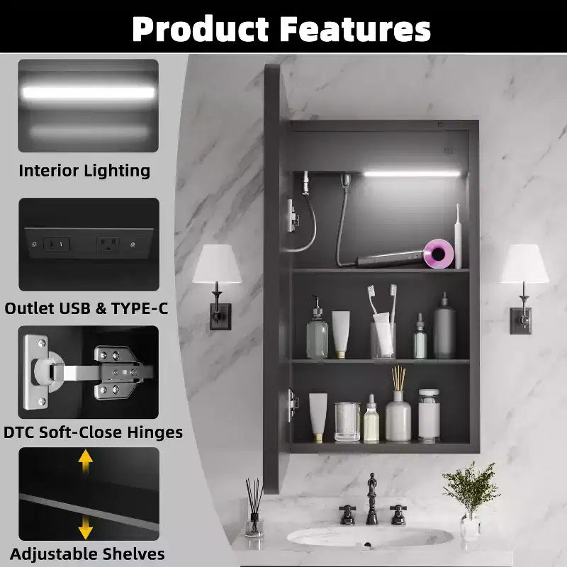 Mobiletto portamedicine rettangolare FAMYYT 40 x 70 cm in ferro con specchio, luce LED dimmerabile, antiappannamento e prese di corrente - Completamente assemblato