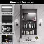 Mobiletto portamedicine rettangolare FAMYYT 40 x 70 cm in ferro con specchio, luce LED dimmerabile, antiappannamento e prese di corrente - Completamente assemblato