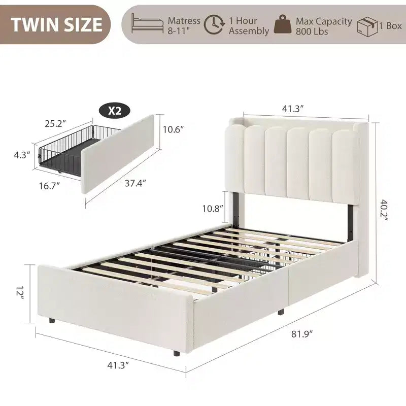 Struttura letto a LED rivestita in bouclé Twin XL con testiera ondulata e libreria, letto per bambini con 2 cassetti per ragazze, non è richiesta la rete a molle