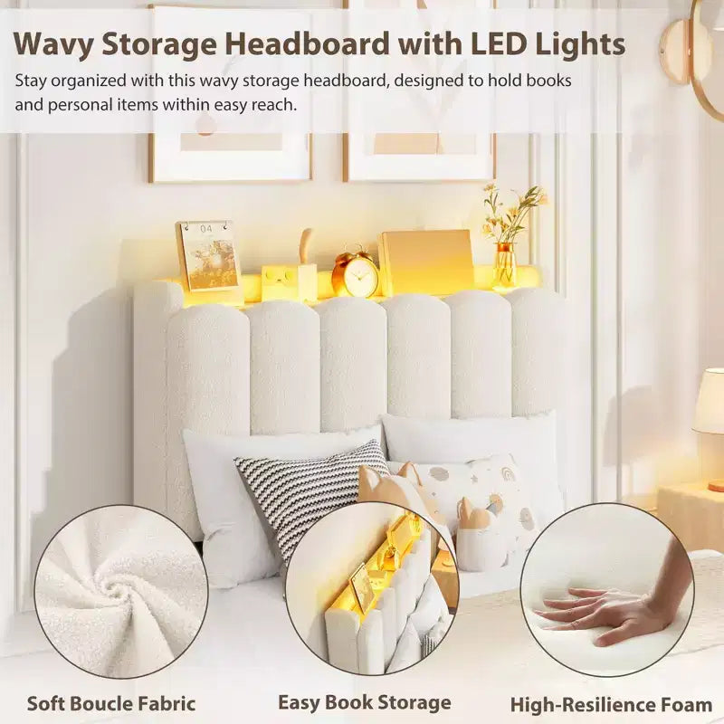 Struttura letto a LED rivestita in bouclé Twin XL con testiera ondulata e libreria, letto per bambini con 2 cassetti per ragazze, non è richiesta la rete a molle