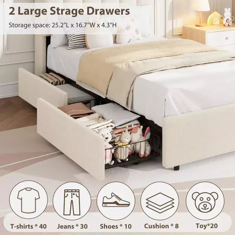 Struttura letto a LED rivestita in bouclé Twin XL con testiera ondulata e libreria, letto per bambini con 2 cassetti per ragazze, non è richiesta la rete a molle