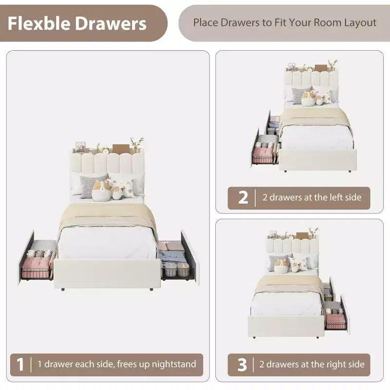 Struttura letto a LED rivestita in bouclé Twin XL con testiera ondulata e libreria, letto per bambini con 2 cassetti per ragazze, non è richiesta la rete a molle