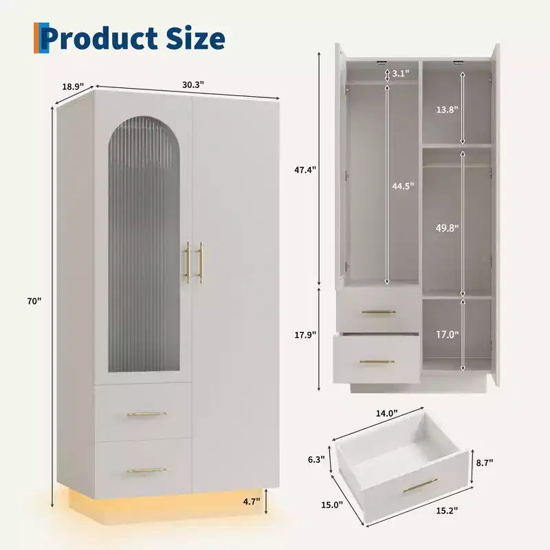 Mobiletto con 2 ante in vetro scanalato, Armadio contenitore grande in legno, Asta appendiabiti, Scaffale regolabile, per camera da letto, soggiorno
