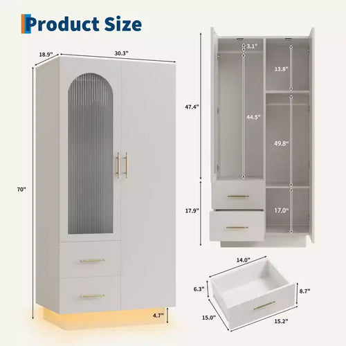 Mobiletto con 2 ante in vetro scanalato, Armadio contenitore grande in legno, Asta appendiabiti, Scaffale regolabile, per camera da letto, soggiorno