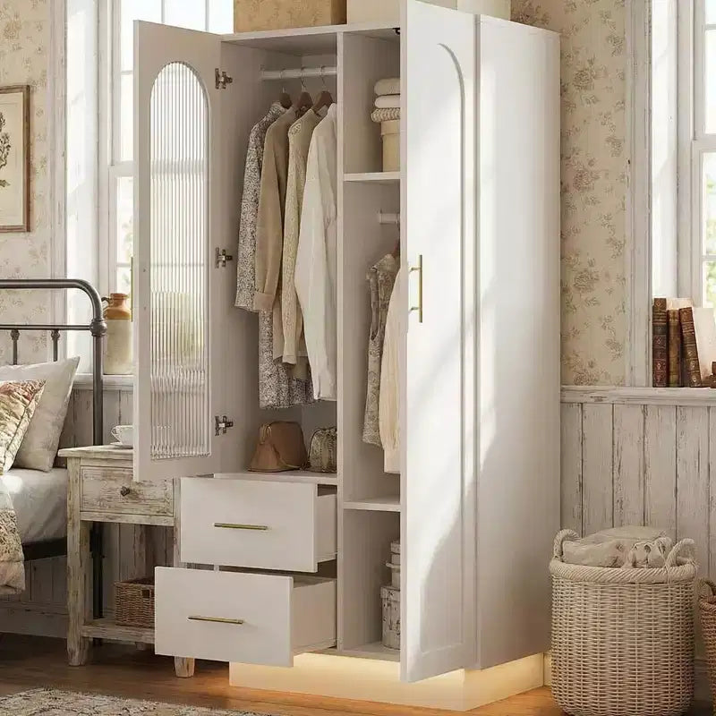 Mobiletto con 2 ante in vetro scanalato, Armadio contenitore grande in legno, Asta appendiabiti, Scaffale regolabile, per camera da letto, soggiorno