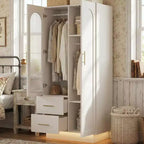 Mobiletto con 2 ante in vetro scanalato, Armadio contenitore grande in legno, Asta appendiabiti, Scaffale regolabile, per camera da letto, soggiorno