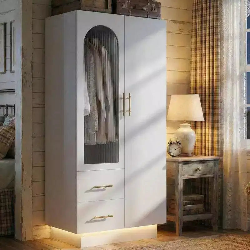 Mobiletto con 2 ante in vetro scanalato, Armadio contenitore grande in legno, Asta appendiabiti, Scaffale regolabile, per camera da letto, soggiorno