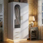 Mobiletto con 2 ante in vetro scanalato, Armadio contenitore grande in legno, Asta appendiabiti, Scaffale regolabile, per camera da letto, soggiorno