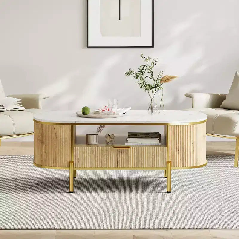 Tavolino da caffè ovale moderno scanalato da 48 pollici, piano in finto marmo e base curva in metallo dorato, tavolino centrale da soggiorno con cassetto e contenitore