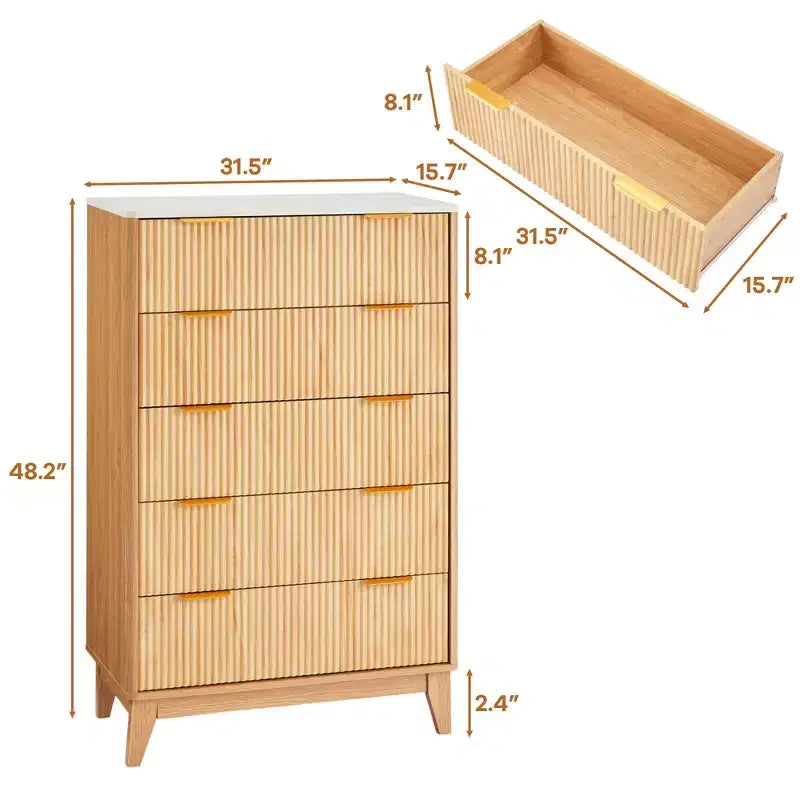 Cassettiera alta elegante con motivo scanalato e dettagli dorati, mobile stretto per camera da letto, ingresso, bagno