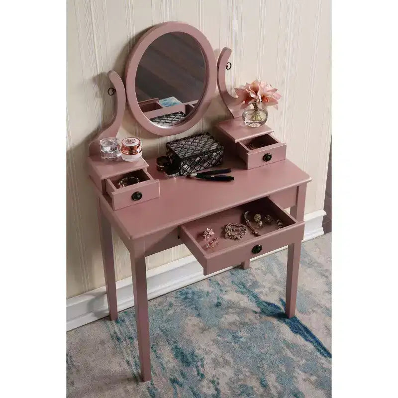Toeletta da Trucco Contemporanea con Specchio, 3 Cassetti, Sgabello Abbinato per Camera da Letto, Finitura Oro Rosa, Design Salvaspazio