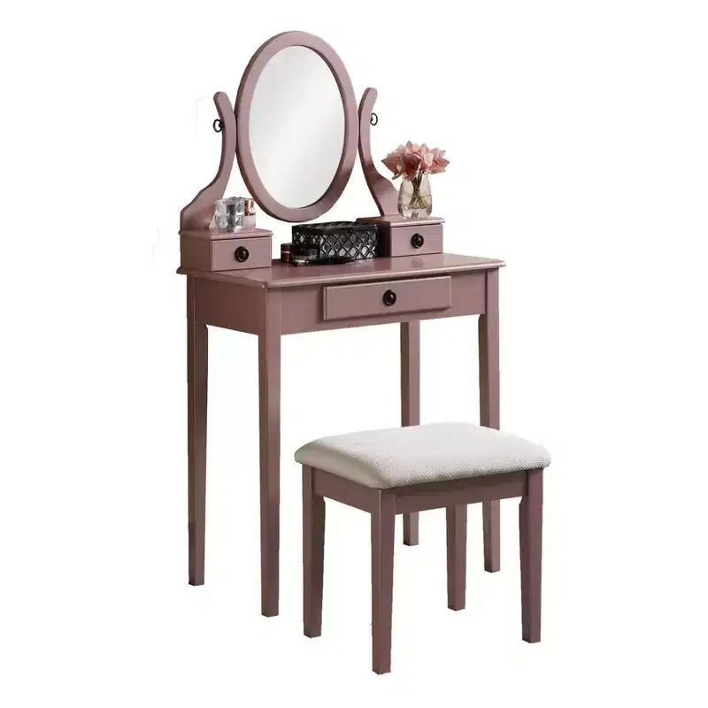 Toeletta da Trucco Contemporanea con Specchio, 3 Cassetti, Sgabello Abbinato per Camera da Letto, Finitura Oro Rosa, Design Salvaspazio