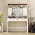 43-Inch Farmhouse Makeup Vanity Desk with Lighted Mirror, Organized Storage, Hair Dryer Holder for Bedroom, Natural Finish