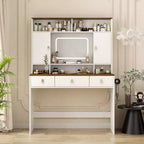 43-Inch Farmhouse Makeup Vanity Desk with Lighted Mirror, Organized Storage, Hair Dryer Holder for Bedroom, Natural Finish
