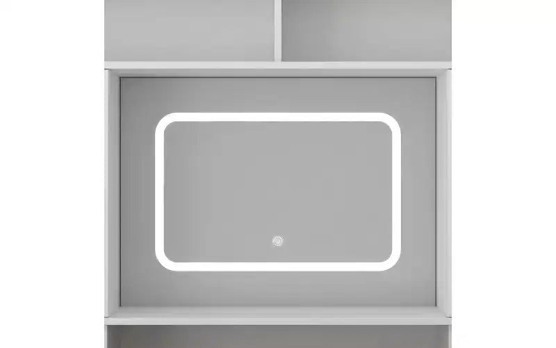 Toeletta Trucco da 43 pollici in Stile Rustico con Specchio Illuminato, Contenitori Organizzati e Supporto per Asciugacapelli per Camera da Letto, Finitura Naturale