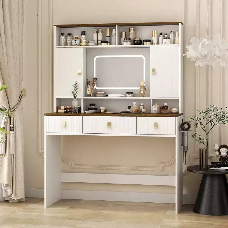 Toeletta Trucco da 43 pollici in Stile Rustico con Specchio Illuminato, Contenitori Organizzati e Supporto per Asciugacapelli per Camera da Letto, Finitura Naturale